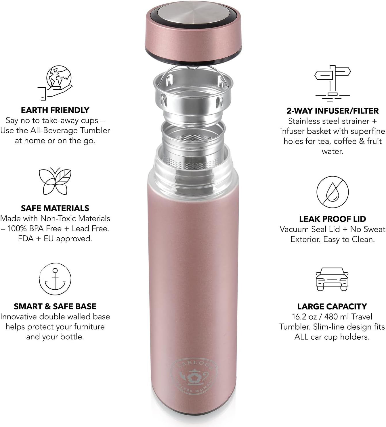 Teabloom - The ORIGINAL All-Brew Travel Tumbler & Thermos | OPRAH’s Favorite | 16oz/480ml Stainless Steel Insulated Water Bottle/Tea Flask/Cold Brew Coffee Mug
