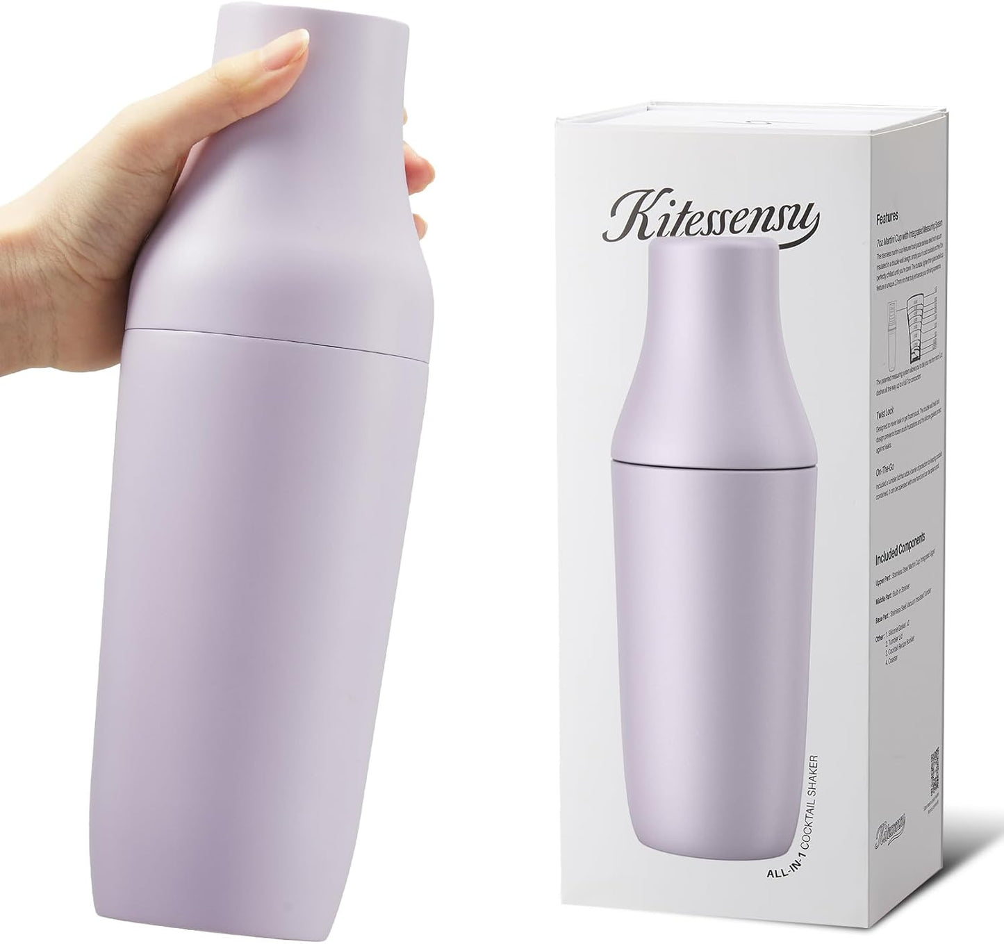 Kitessensu Hybrid Cocktail Shaker | Vacuum Insulated Stainless Steel Martini Shaker with Double Wall Martini Cup | Integrated Measuring System | Tumbler Lid & Cocktail Recipes Included | Orchid