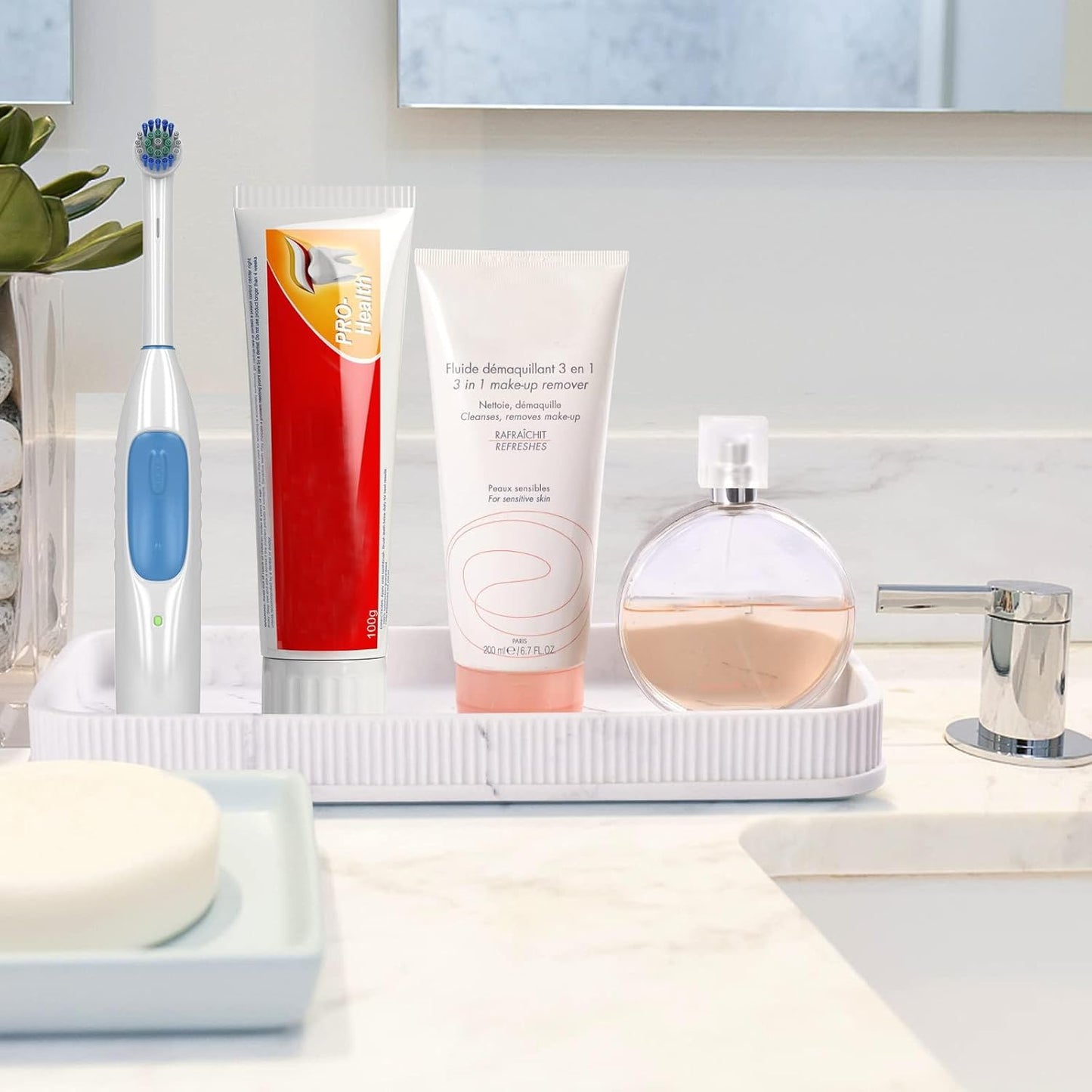 Bathroom Counter Tray Matte Vanity Tray Decor Perfume Trays Dresser Holder for Bathroom Countertop Jewelry Candle Soap Plant Towel Cosmetic Organizer Rectangle Large Serving Tray