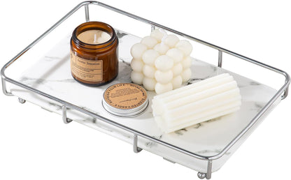 Vanity Tray Makeup Organizer Cosmetics Storage Bathroom Skincare Organizer Countertop Display Rack in Dresser Stainless Steel Shelf Marble Print Ceramic Trays