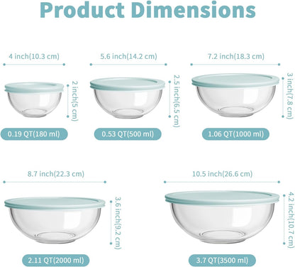 WhiteRhino Glass Mixing Bowl with Lids Set of 5, 0.2, 0.5, 1.1, 2.1, 3.75 QT, Large Salad Bowls with BPA-Free Lids, Space-Saving Nesting Bowls for Kitchen Food Storage, Glass bowl for Cooking, Baking