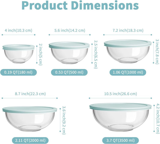 WhiteRhino Glass Mixing Bowl with Lids Set of 5, 0.2, 0.5, 1.1, 2.1, 3.75 QT, Large Salad Bowls with BPA-Free Lids, Space-Saving Nesting Bowls for Kitchen Food Storage, Glass bowl for Cooking, Baking