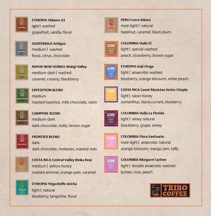 TRIBO COFFEE Single-Serve Portable Pour Over Drip Coffee - Fantastic Journey Variety Gift Box | Includes 30 servings - 15 types