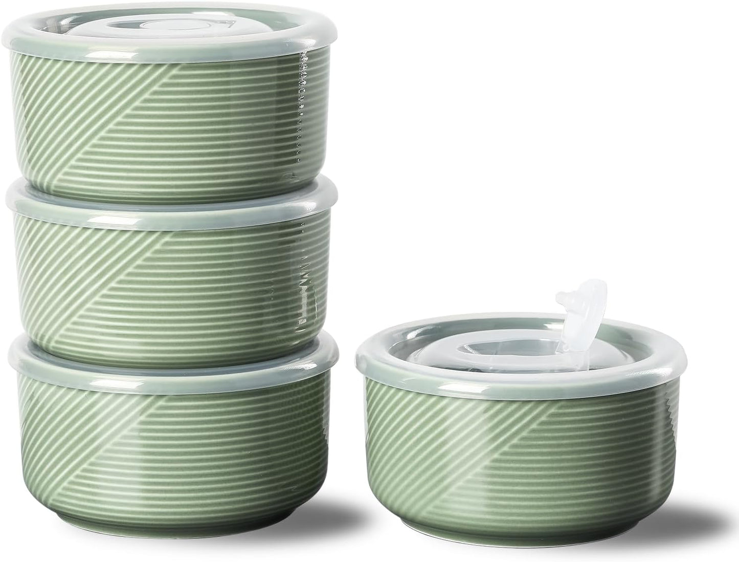 Ceramic Bowls with Lids: 20 oz Microwave Safe Food Storage Containers for Soup, Salad, Cereal, Leftovers, Meal Prep, Lunch, Picnic, Camping, Serving - Airtight, Green, Set of 4