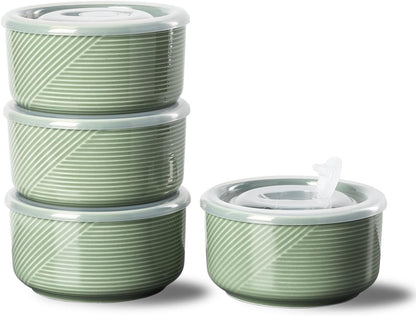 Ceramic Bowls with Lids: 20 oz Microwave Safe Food Storage Containers for Soup, Salad, Cereal, Leftovers, Meal Prep, Lunch, Picnic, Camping, Serving - Airtight, Green, Set of 4