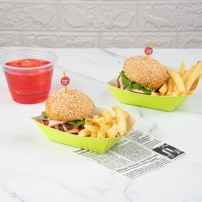 Restaurantware Bio Tek 6 Ounce Boat Paper Boats 50 Disposable #40 Food Trays - PE Lining Durable Light Green Paper Food Baskets For Concession Stands Picnics or Fairs Stackable