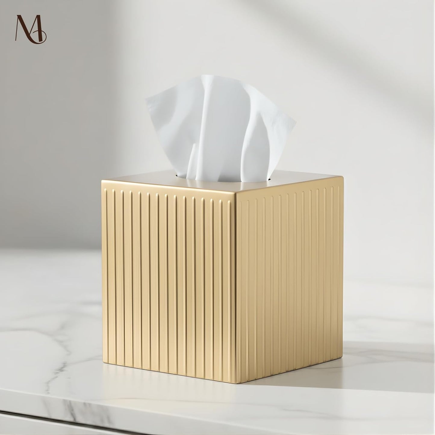 Monarch Abode Tissue Box Cover Square – Handcrafted Ridge Embossed Brushed Gold Metal Tissue Holder Box for Bathroom Accessory, Aesthetic Decorative Facial Napkin Cube for Modern Home Decor