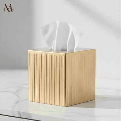 Monarch Abode Tissue Box Cover Square – Handcrafted Ridge Embossed Brushed Gold Metal Tissue Holder Box for Bathroom Accessory, Aesthetic Decorative Facial Napkin Cube for Modern Home Decor