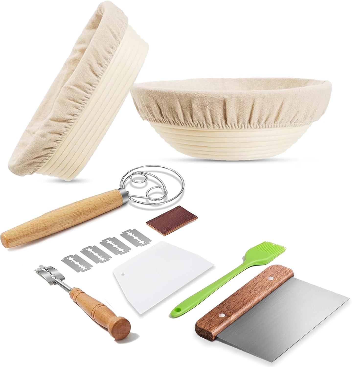 Banneton Bread Proofing Basket - Rattan Proofing Baskets for Sourdough Bread | Banneton Baskets Bowls with Linen Liners for Artisan Homemade Bread Baking (9 inch & 10 inch Basket with Baking Supplies)