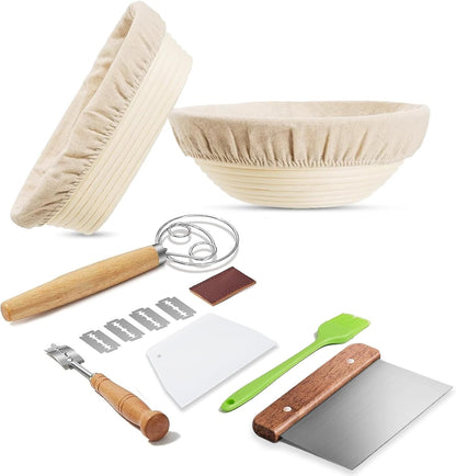 Banneton Bread Proofing Basket - Rattan Proofing Baskets for Sourdough Bread | Banneton Baskets Bowls with Linen Liners for Artisan Homemade Bread Baking (9 inch & 10 inch Basket with Baking Supplies)