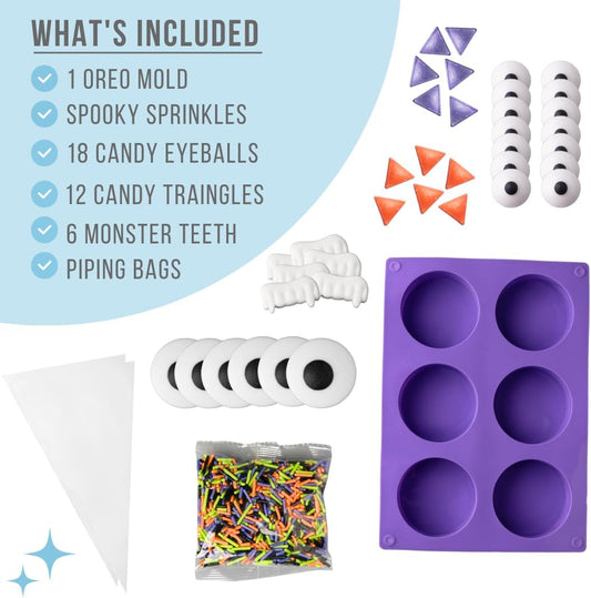 Sweets Indeed Sandwich Cookie Decorating Kit – Halloween DIY Set with Oreo Mold, Spooky Sprinkles, Candy Eyeballs, Monster Teeth & Piping Bags