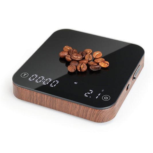 KitchenTour CaféMetric Coffee Scale with Timer 0.1g/2000g - Precision Scale for Espresso & Pour Over - Water Flow Speed Mode and Coffee Powder-to-Liquid Ratio Mode - Rechargeable, LED Display-Wood