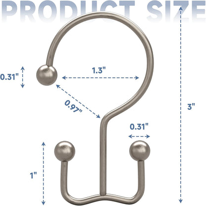 Titanker Shower Curtain Hooks Matte Nickel, Minimalist Simple Double Glide Shower Curtain Rings, Rust Proof Metal Shower Hooks Rings for Bathroom Shower Rods Curtains, Set of 12 Hooks
