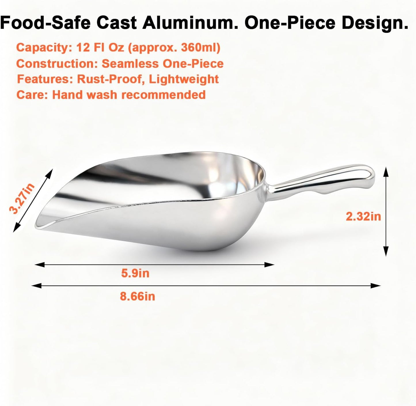 12 OZ Cast Aluminum Utility Scoop, One-Piece Solid Ice Scoop for Ice Bucket, Bar, Kitchen, Multipurpose Food Scooper for Flour, Sugar, Popcorn, Dog Food (Silver) (12OZ)