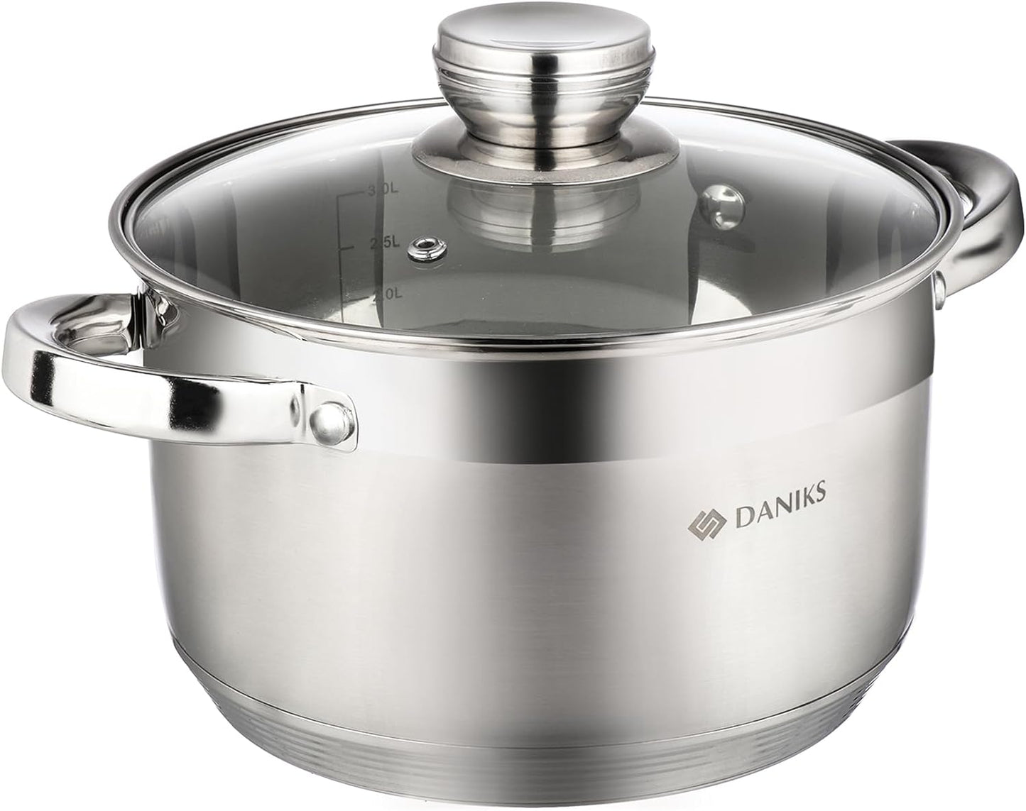 Daniks Standard Stainless Steel Stock Pot with Glass Lid – Induction 4 Quart, Dishwasher Safe, Measuring Scale, For Soup, Pasta, Stew, Silver