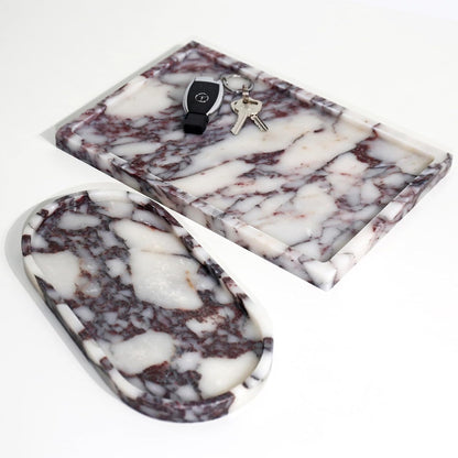 Real Luxurious Natural Marble Vanity Tray Genuine Marble Storage Tray for Home Decor Stone Tray for Bathroom/Kitchen/Vanity/Dresser Non-Resin/Non-Ceramic/Viola Oval Set