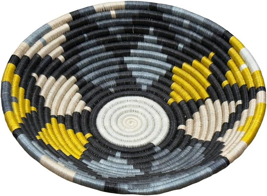 Handwoven African Basket Handmade sisal Fruit Bowl Wall Hanging decorative Baskets for Home Living Room Kitchen Centerpiece Zen Designs Arts and Crafts (Slate Grey Black Yellow, 8in diameter)