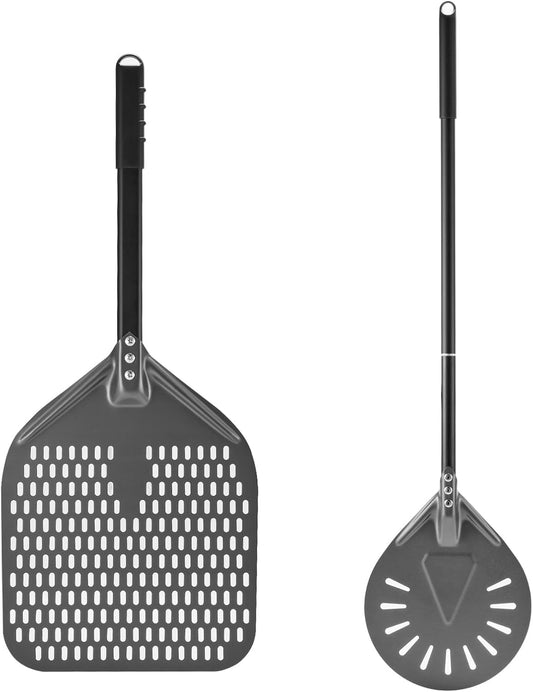 12 Inch + 9 Inch Perforated Pizza Peel Set, Pizza Turning Peel with Metal Handle, Pizza Spatula Paddle for Homemade Pizza Oven Accessories