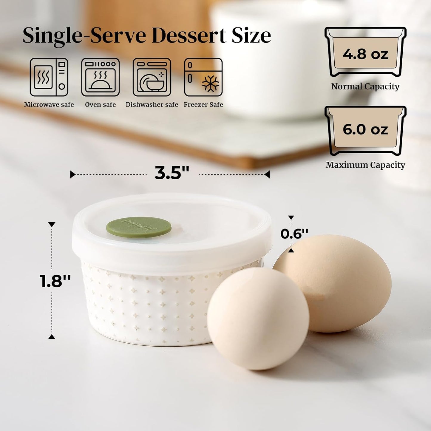 DOWAN Ramekins Oven Safe with Lids 4 oz, Charcuterie Boards Bowls Set for Creme Brulee, Souffle, Dipping Sauces, Custard Cups Ceramic Food Storage Containers, Set of 6, Beige