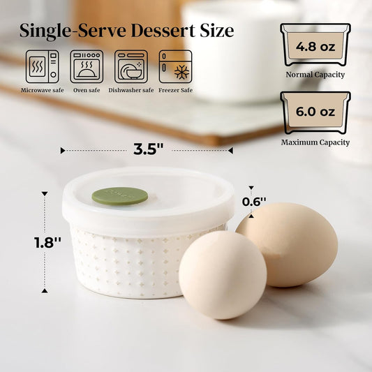 DOWAN Ramekins Oven Safe with Lids 4 oz, Charcuterie Boards Bowls Set for Creme Brulee, Souffle, Dipping Sauces, Custard Cups Ceramic Food Storage Containers, Set of 6, Beige