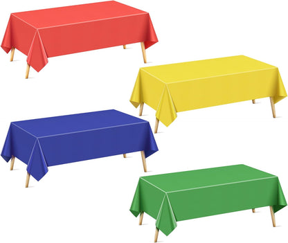 4 Pcs Red&Blue&Green&Gold Series Rectangle Tablecloth, 54x72" Solid Color Waterproof & Spillproof Disposable Plastic Table Cover, Durable Party Tablecloth for Dining, Buffet, Picnic, Outdoor Events