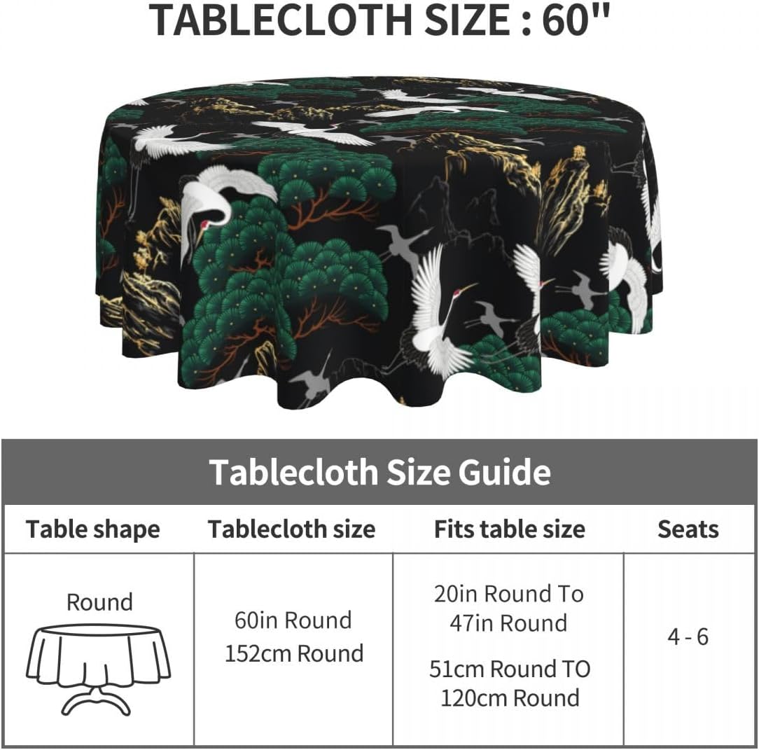 Japanese Tablecloth, Traditional Oriental Crane Vintage Chinese Landscape Luxury Farmhouse Water Resisitant Table Cover for Dining Kitchen Living Room Home Party Holiday Decor 60 inch Round
