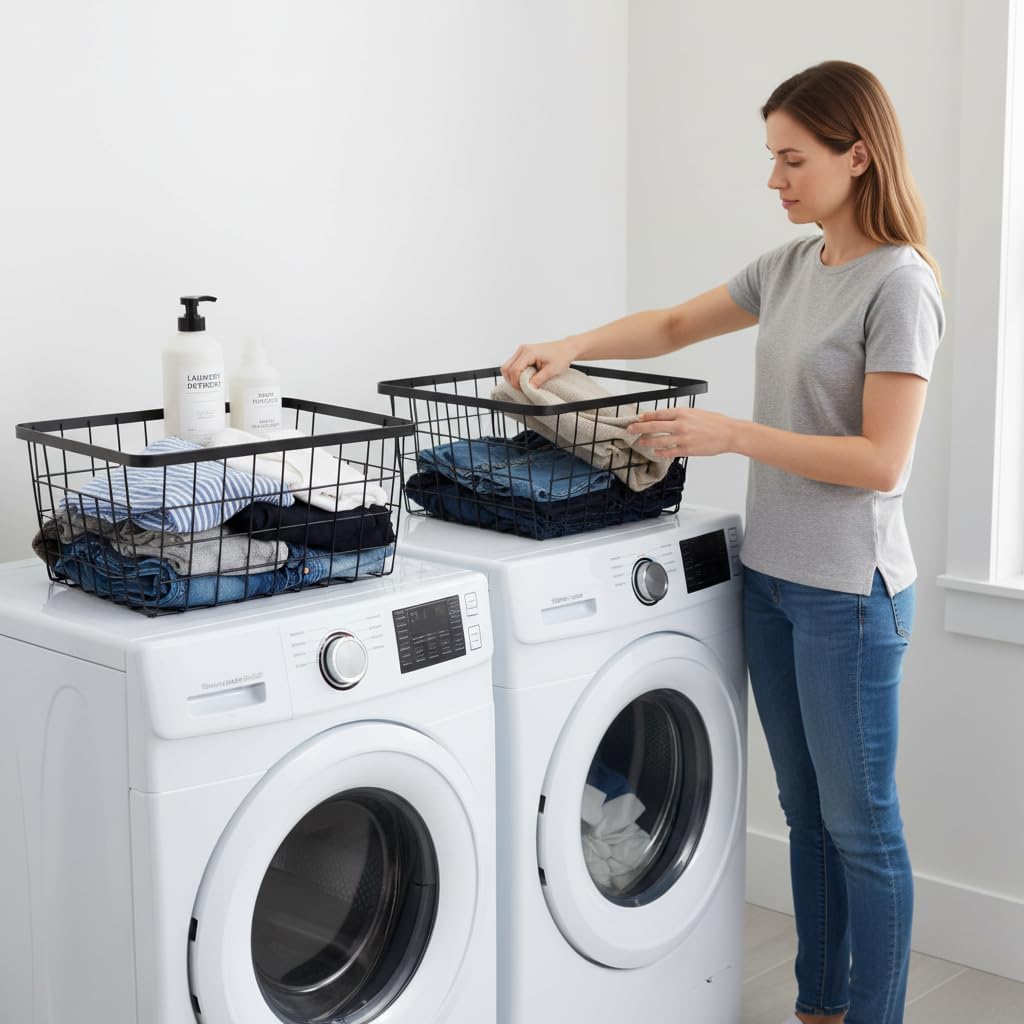 Kitchen Metal Wire Baskets with Handles Food Storage Organizer, Household Refrigerator for Cabinets,Pantry,Bathroom,Black,2 Pack
