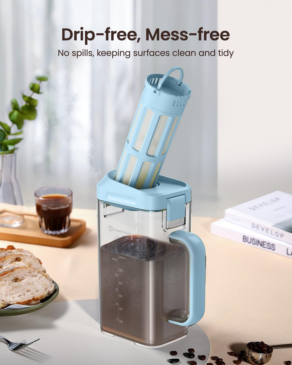 Maestri House Cold Brew Coffee Maker, 40oz Iced Tea and Coffee Maker Brewer Space Saving Tritan Pitcher, 350 Mesh Filter, 100% Leak-Proof