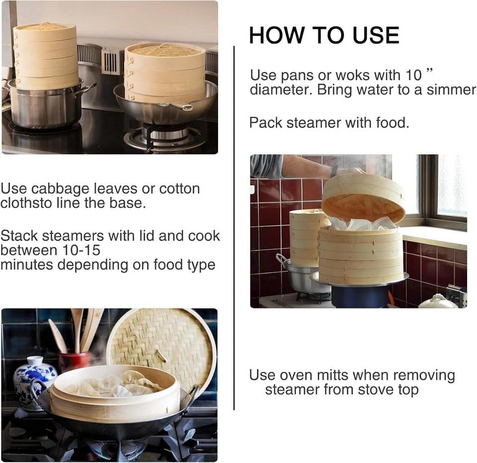 Premium 10-Inch Bamboo Steamer Basket Set – 2-Tier Dumpling Steam with Lid, Ring Adapter, Chopsticks, Liners & Sauce Dish – Natural Steamer for Vegetables, Bao, and Asian Cooking