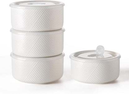 Large Ceramic Bowls with Lids: 32 oz Microwave Safe Food Storage Containers for Soup Salad Meal Prep Lunch Picnic Camping - 6 Inch, Set of 4 (White)