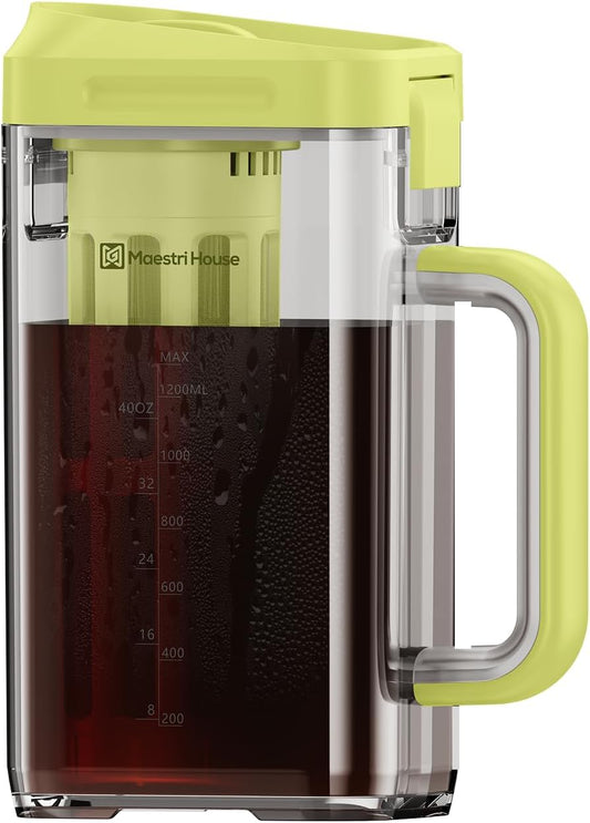 Maestri House Cold Brew Coffee Maker, 40oz Iced Tea and Coffee Maker Brewer Space Saving Tritan Pitcher, 350 Mesh Filter, 100% Leak-Proof