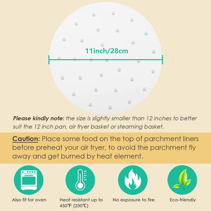 100pcs 11 Inch Round Air Fryer Liners, Fits 12-Inch Bamboo Steamer Baskets, Premium Perforated Parchment Paper Sheets, Non-stick Basket Mat, Perfect for Steaming/Baking/Air Fryers/Cooking
