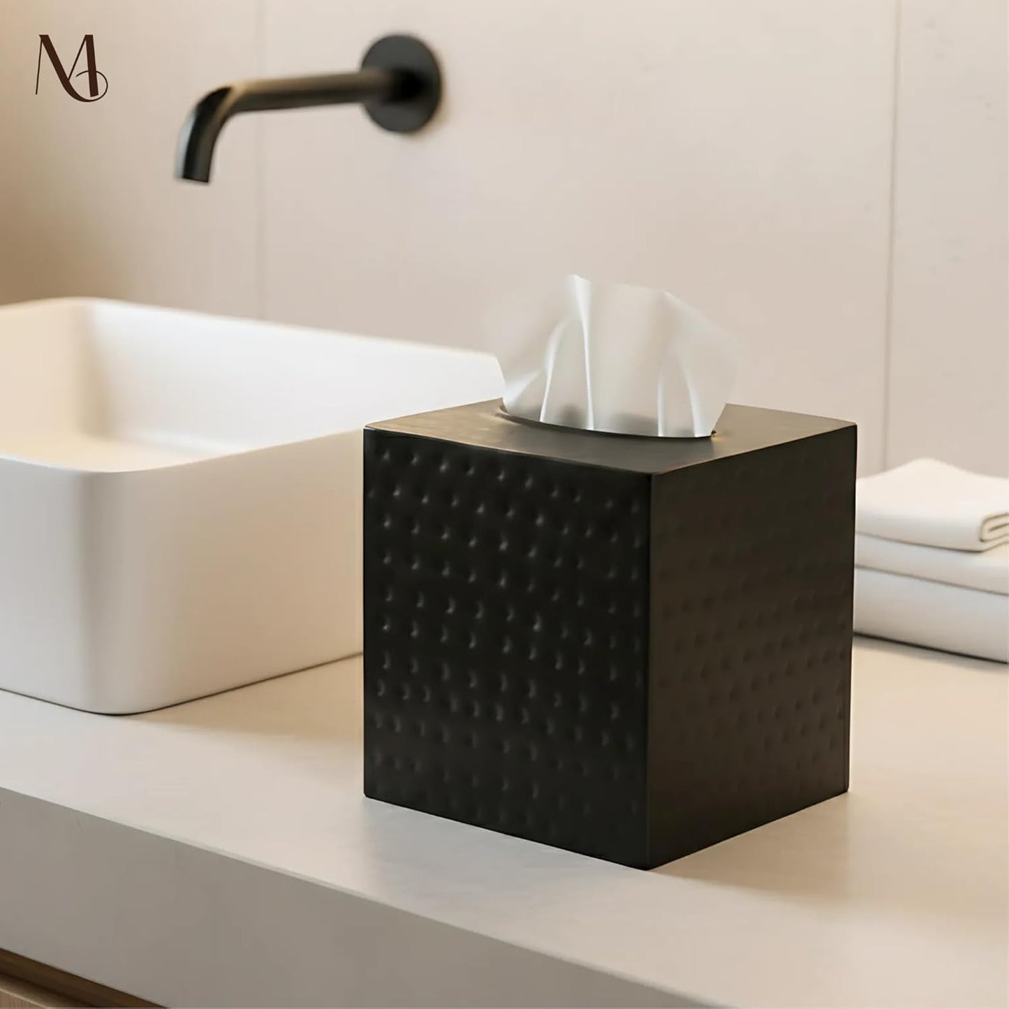 Monarch Abode Tissue Box Cover Square – Hand Hammered Black Metal Tissue Holder Box for Bathroom Accessory, Aesthetic Decorative Facial Napkin Cube for Modern Home Decor