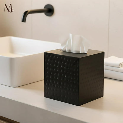 Monarch Abode Tissue Box Cover Square – Hand Hammered Black Metal Tissue Holder Box for Bathroom Accessory, Aesthetic Decorative Facial Napkin Cube for Modern Home Decor