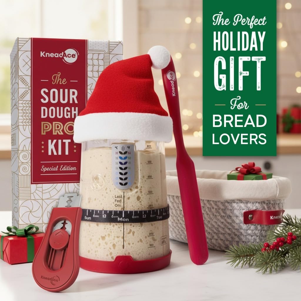 KneadAce Sourdough Starter Kit – 34oz Starter Jar, 2 Cotton Rope Banneton Proofing Baskets, Magnetic Bread Lame for Scoring – Gift for Bakers & Complete Sourdough Bread Baking Set