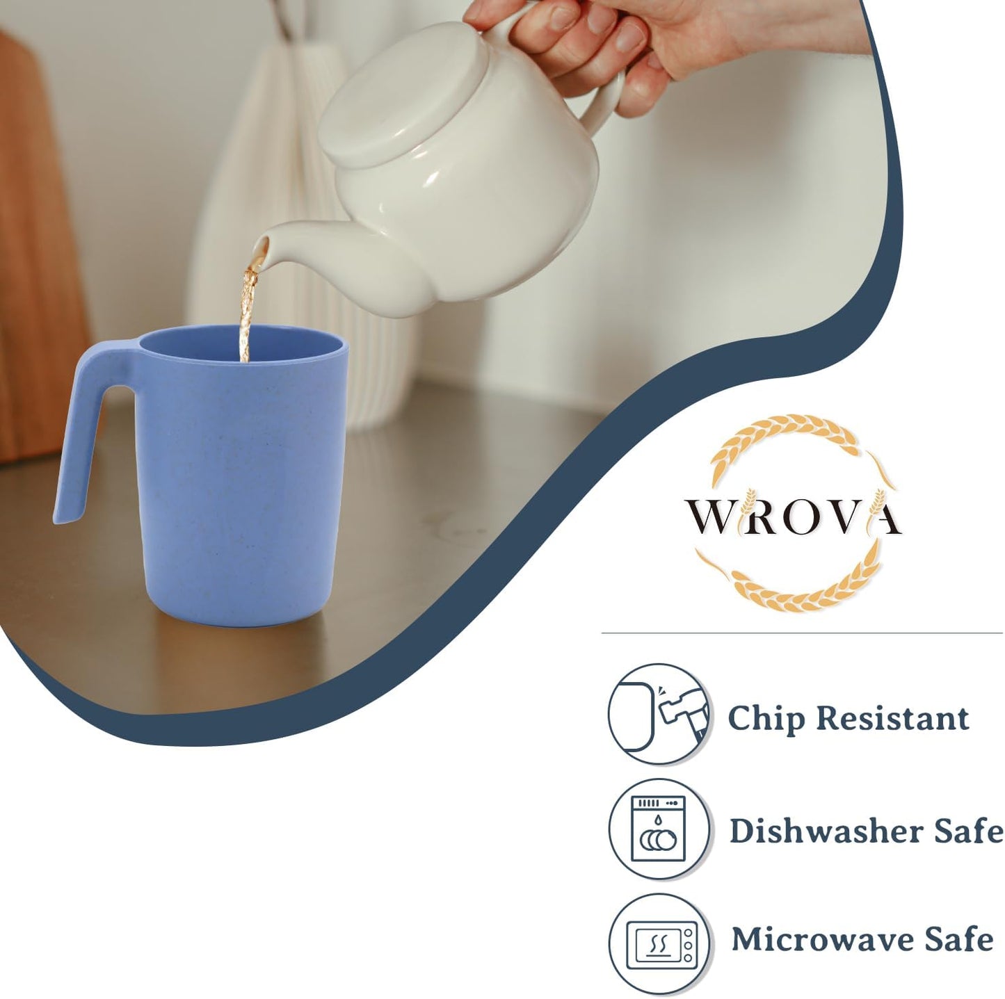 Wrova 16oz Wheat Straw Cups with handles set of 6-Plastic Cups Reusable-Unbreakable Kids Mugs-Dishwasher Safe & Microwave Safe-Ideal Plastic Mugs for Tea,Coffee,Camping,RV-Sky Blue