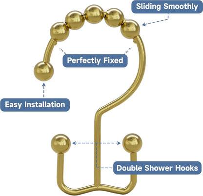 Titanker Gold Shower Curtain Hooks Rings, Rust-Resistant Metal Double Glide Shower Hooks Rings for Bathroom Shower Curtains Rods, Set of 12 Hooks - Light Gold