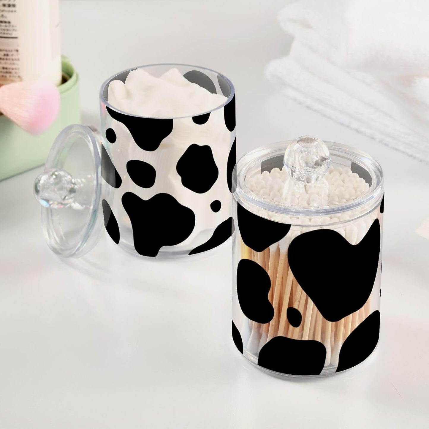 xigua Cow Print Qtip Holder with Lid,4Pack Clear Plastic Apothecary Jars Bathroom Storage Containers for Cotton Swab,Cotton Ball,Floss Picks,Tea,Coffee