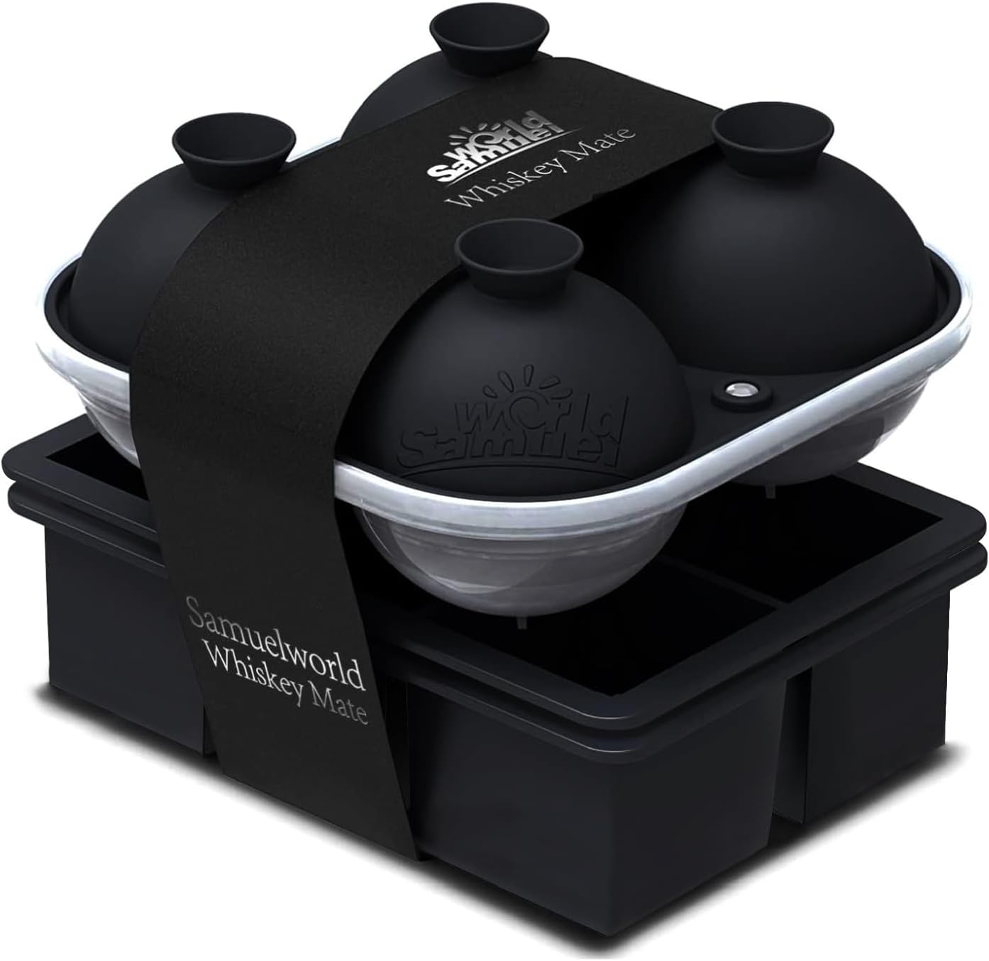 Samuelworld Premium Ice Tray Combo (3 Pack), Large Ice Sphere Maker & New Upgraded Ice Cube Trays, Food Grade, Easy To Use, Spill-Free Integrated Funnels, Whiskey Bourbon Cocktails, Black