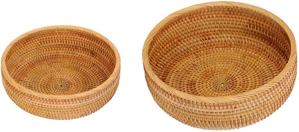 Set of 2 Round Rattan Bowl Baskets, 8 9 Inch Handmade Wicker Basket Tray with 3”Deep Wall, Decorative Woven Brown Bread Basket Fruit Bowl Table Key Holder, 2-Size