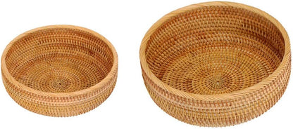 Set of 2 Round Rattan Bowl Baskets, 8 9 Inch Handmade Wicker Basket Tray with 3”Deep Wall, Decorative Woven Brown Bread Basket Fruit Bowl Table Key Holder, 2-Size