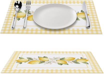 Yellow Lemon Placemats Set of 4, 12x18 Inch Summer Fruits Buffalo Plaid Floral Farmhouse Seasonal Spring Holiday Coffee Table Mats for Party Kitchen Dining Decoration