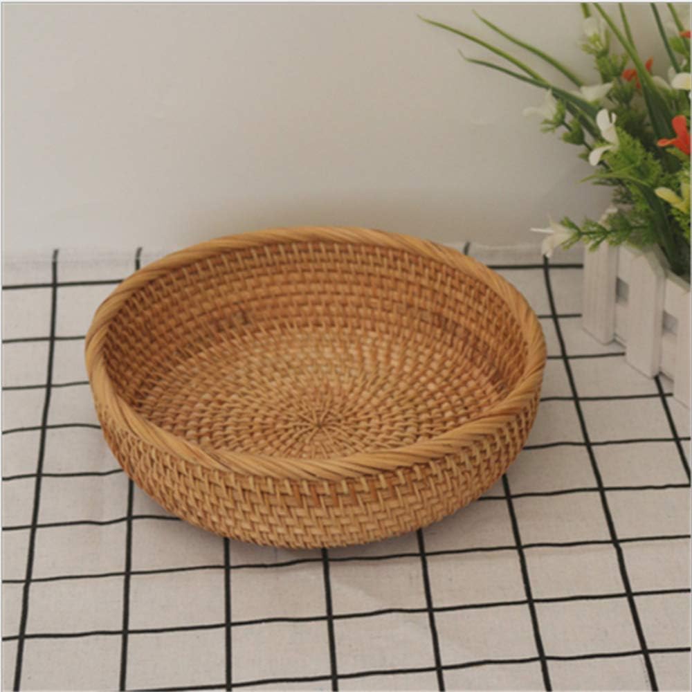 Hadewoven Round Rattan Fruit Basket Wicker Food Tray Weaving Storage Holder Dinning Room Bowl, 8 Inch Small Bread Baskets Tray for Serving with Deep Wall, Brown (Small 7.48”)
