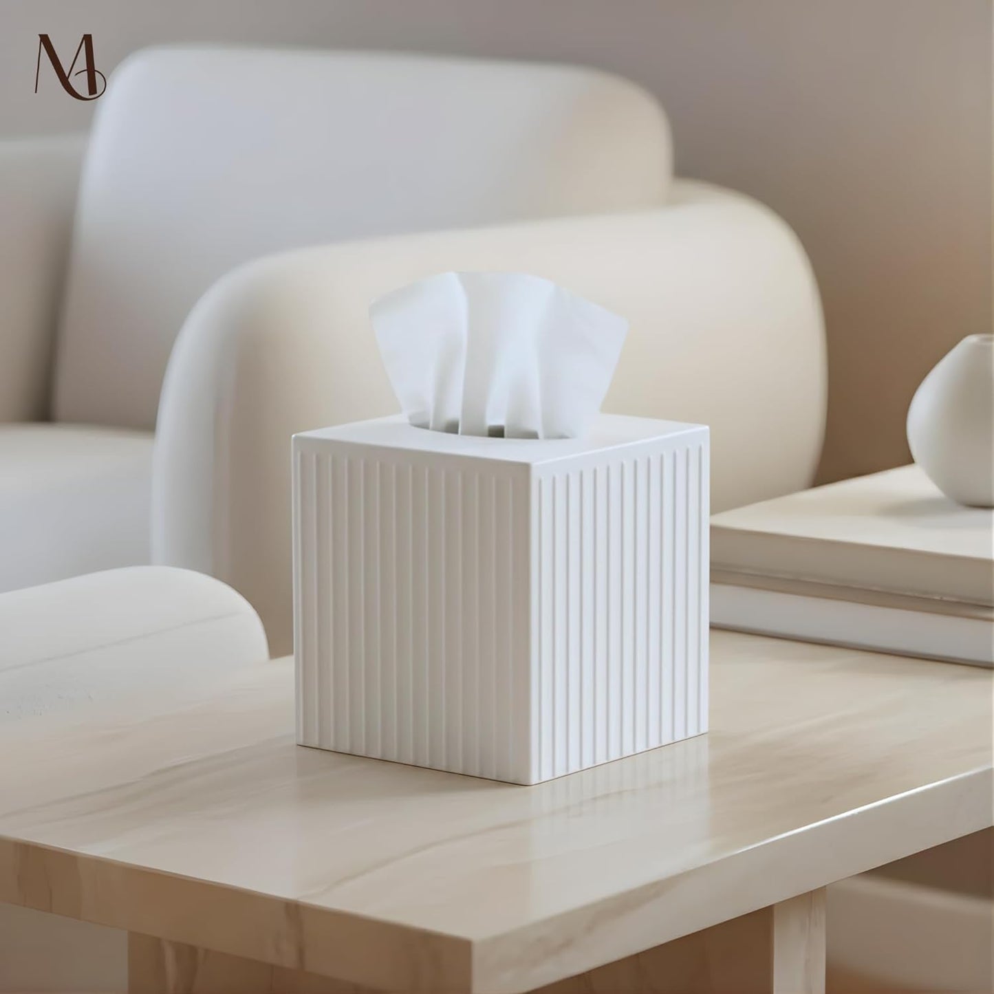 Monarch Abode Tissue Box Cover Square – Handcrafted Ridge Embossed White Metal Tissue Holder Box for Bathroom Accessory, Aesthetic Decorative Facial Napkin Cube for Modern Home Decor