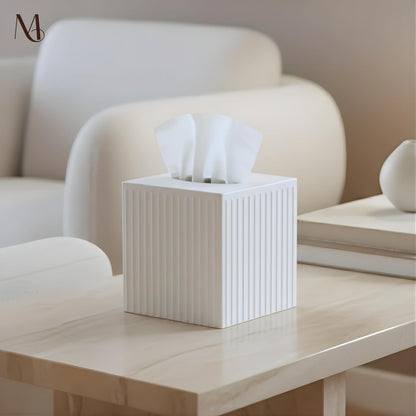 Monarch Abode Tissue Box Cover Square – Handcrafted Ridge Embossed White Metal Tissue Holder Box for Bathroom Accessory, Aesthetic Decorative Facial Napkin Cube for Modern Home Decor