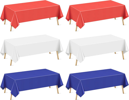 6 Pieces July Four Series Rectangle Tablecloth, 54x72" Solid Color Waterproof & Spillproof Disposable Plastic Table Cover, Durable Party Tablecloth for Dining, Buffet, Picnic, Outdoor Events