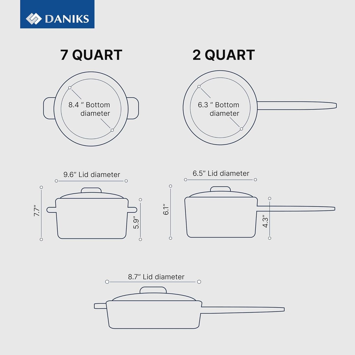 Daniks Standard 11-Piece Stainless Steel Induction Cookware Set, Saucepan, Frying Pan, Dishwasher Safe Pots, Measuring Scale, Glass Lids, For Soup, Pasta, Stew, Silver