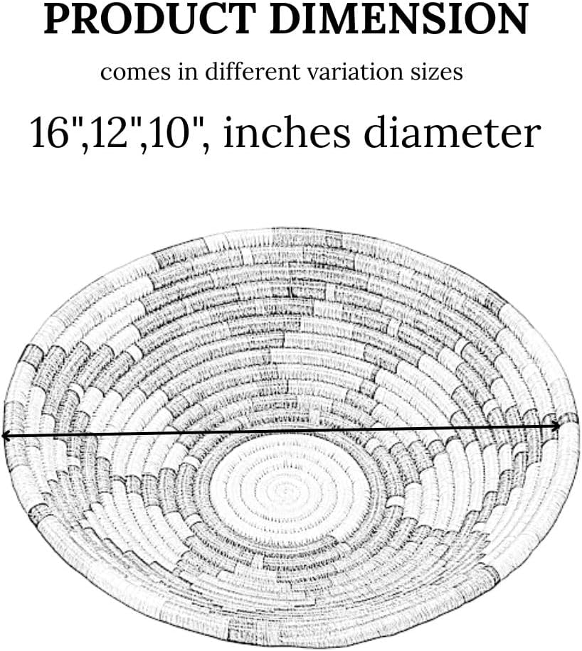 Handwoven African Basket Handmade sisal Fruit Bowl Wall Hanging decorative Baskets for Home Living Room Kitchen Centerpiece Zen Designs Arts and Crafts (Dark Grey Black Natural, 12in diameter)