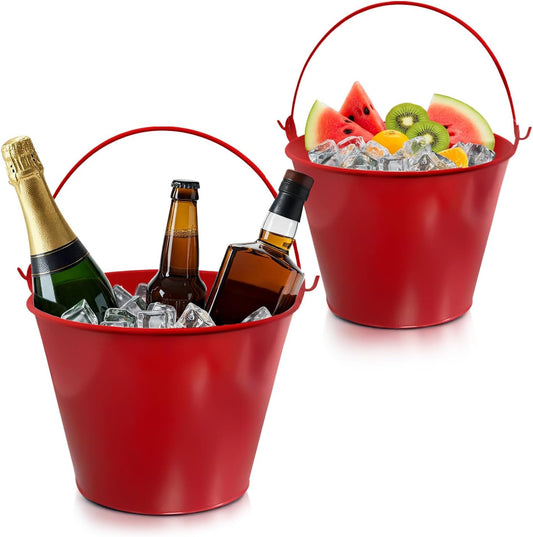 PLEXON Galvanized Metal Ice Bucket for Parties Coctail Bar Restaurant - Drink Beer Champagne Bucket with Handle, Beverage Chiller Cooler Small 1.3 Gallon, Red, Set of 2