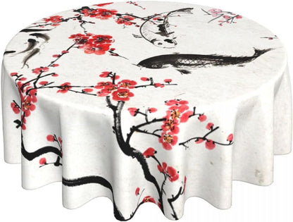 Cherry Blossom Tablecloth, Traditioanal Chinese Oriental Koi Vintage Asian Style Water Resisitant Wipeable Table Cover for Dining Kitchen Living Room Home Party Holiday Decor 70 inch Round